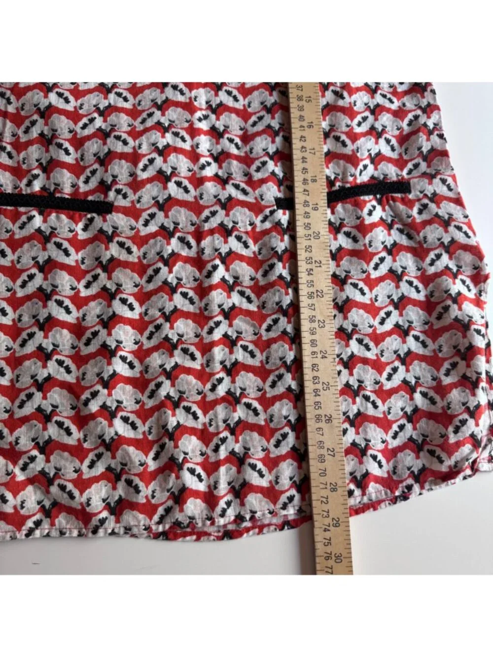 Tory Burch Women Red Floral 100% Linen Black Trim Tunic Top Size XS